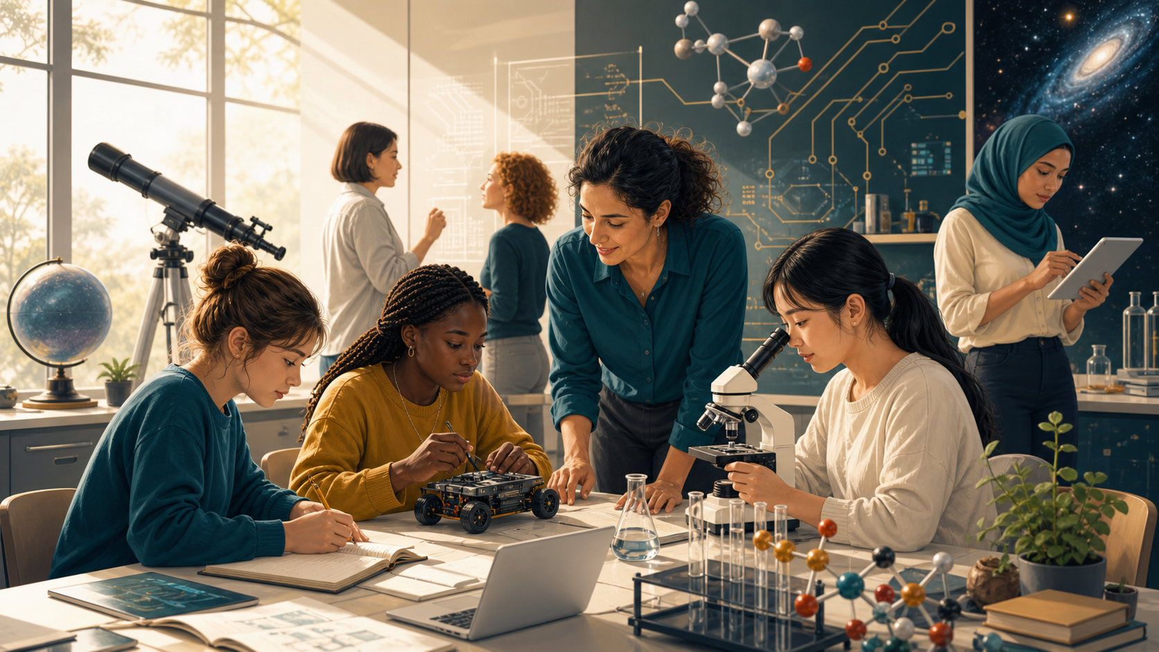 Women and girls collaborating around STEM projects in a bright lab and classroom setting